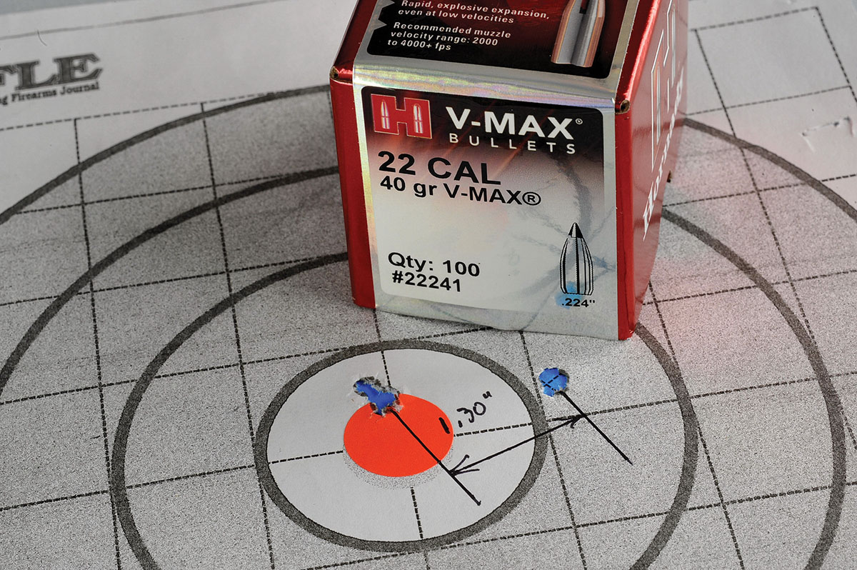 Another Hornady product provided this 1.30-inch group with the lighter 40-grain bullet over 11 grains of IMR-4227 powder.